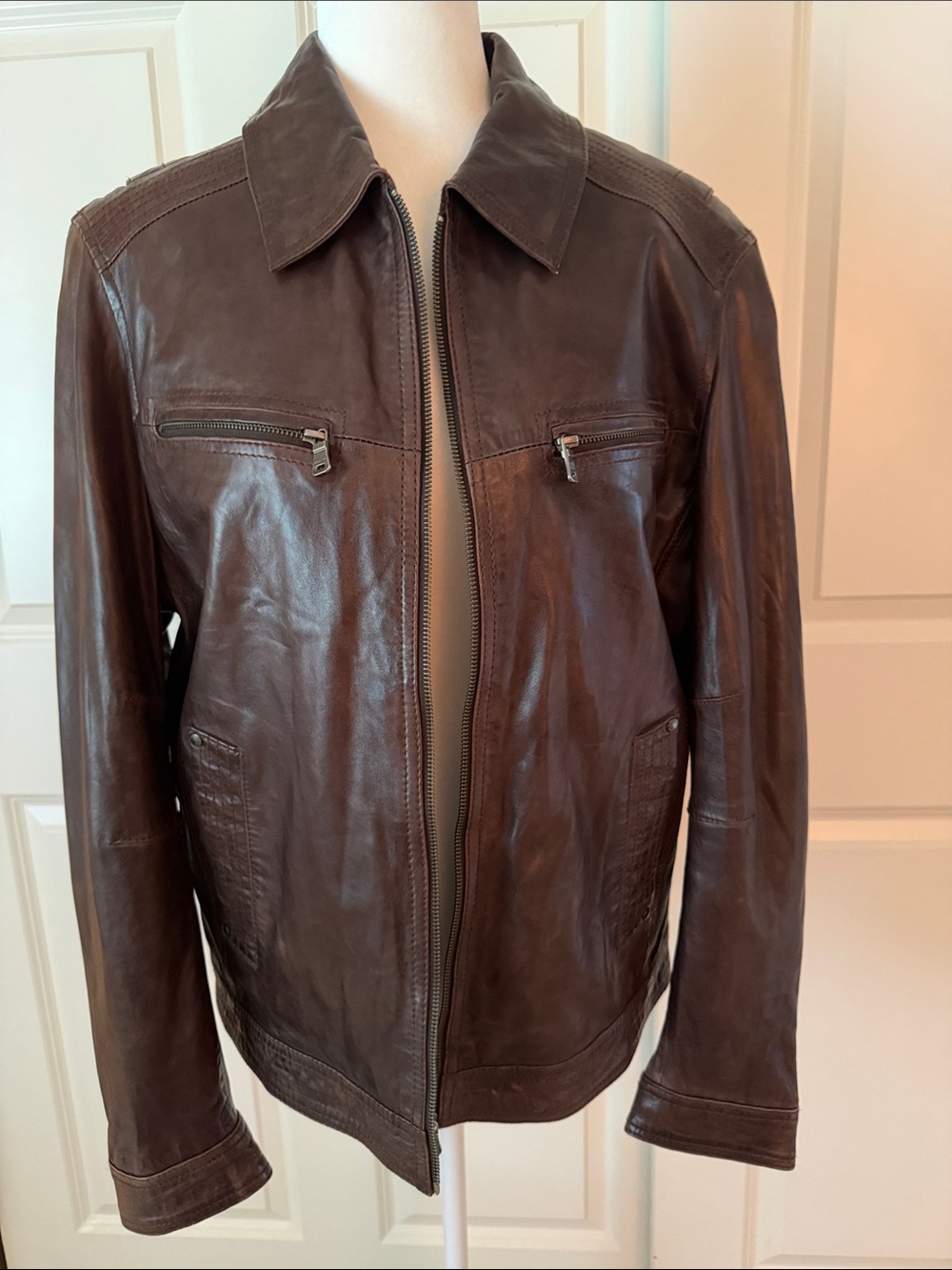 Milestone Men's Brown Leather Zip Bomber Jacket